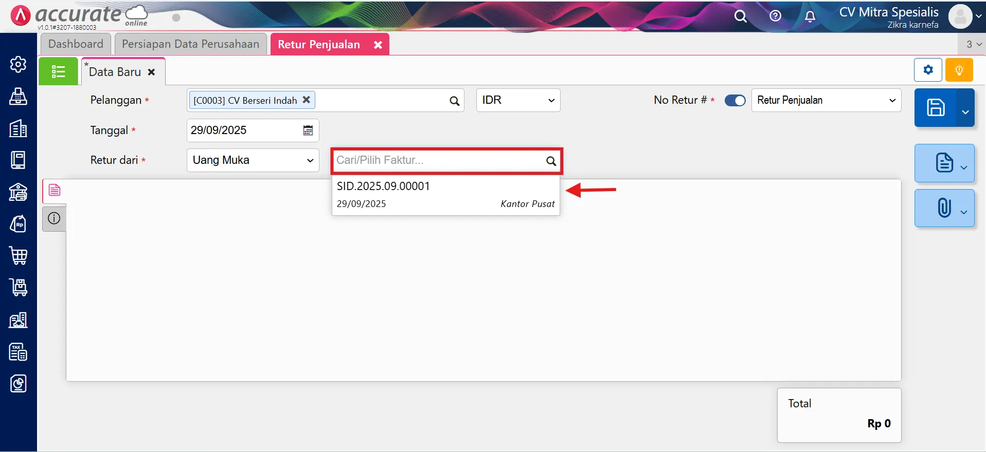 Cara retur penjualan untuk uang muka